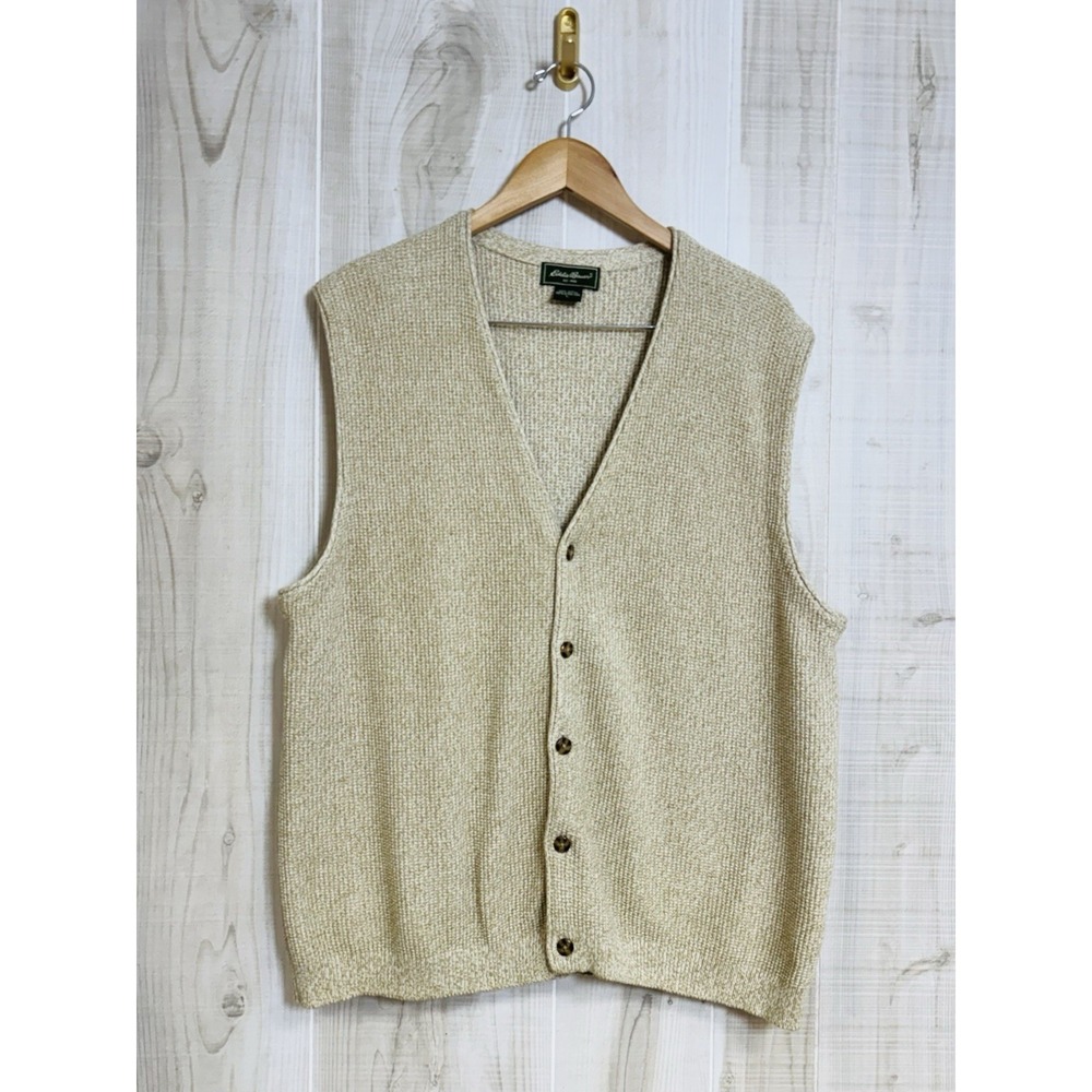 Eddie Bauer Men's 100% Cotton Textured Knit Button Front Sweater Vest Beige L